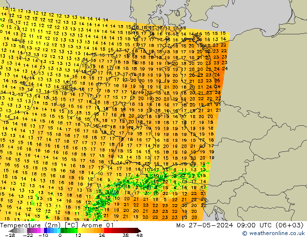 Temperaturkarte (2m) Arome 01 Mo 27.05.2024 09 UTC
