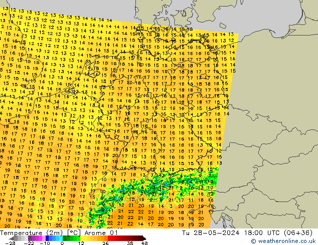 Temperaturkarte (2m) Arome 01 Di 28.05.2024 18 UTC