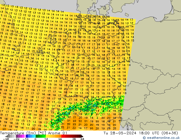 Temperature (2m) Arome 01 Tu 28.05.2024 18 UTC