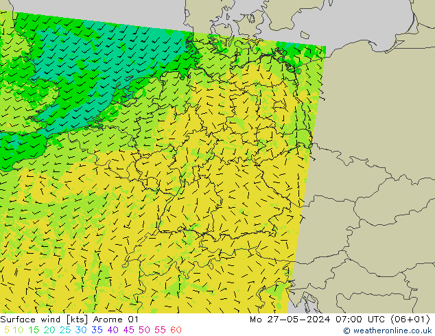 Vento 10 m Arome 01 lun 27.05.2024 07 UTC