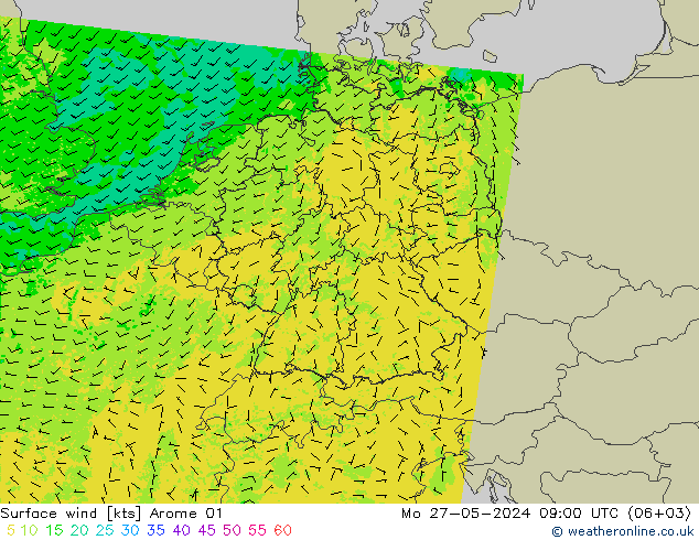 Vento 10 m Arome 01 lun 27.05.2024 09 UTC