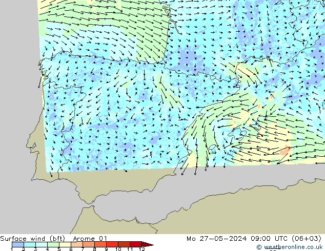 Surface wind (bft) Arome 01 Mo 27.05.2024 09 UTC