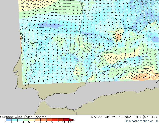 wiatr 10 m (bft) Arome 01 pon. 27.05.2024 18 UTC
