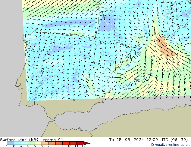 Surface wind (bft) Arome 01 Tu 28.05.2024 12 UTC