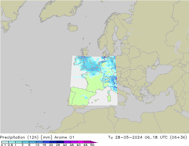 Precipitation (12h) Arome 01 Tu 28.05.2024 18 UTC