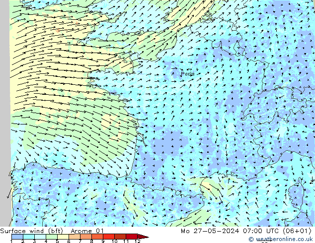 Viento 10 m (bft) Arome 01 lun 27.05.2024 07 UTC