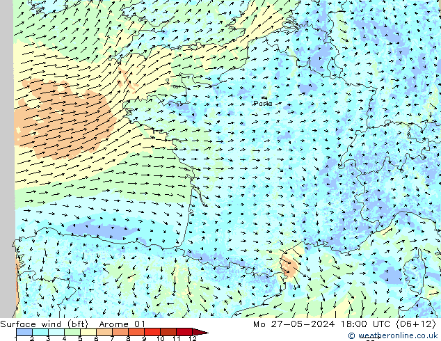 Bodenwind (bft) Arome 01 Mo 27.05.2024 18 UTC