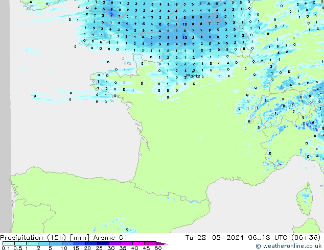 осадки (12h) Arome 01 вт 28.05.2024 18 UTC