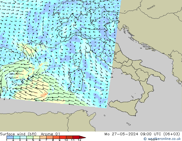 Surface wind (bft) Arome 01 Mo 27.05.2024 09 UTC