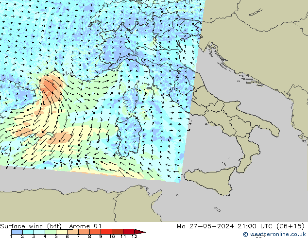 Surface wind (bft) Arome 01 Mo 27.05.2024 21 UTC