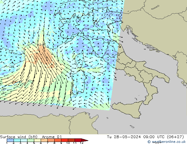 Wind 10 m (bft) Arome 01 di 28.05.2024 09 UTC