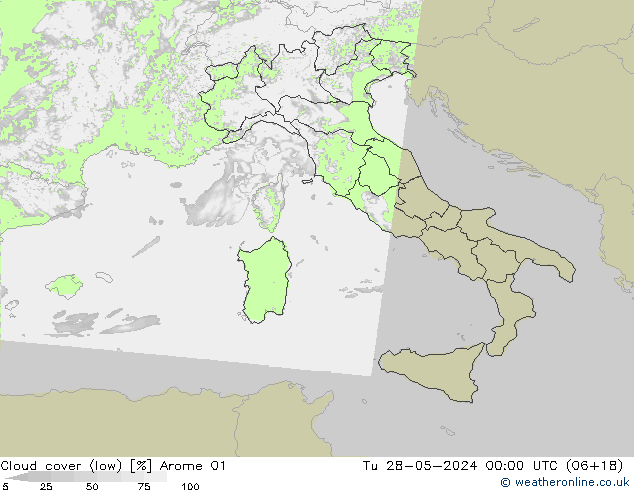 Cloud cover (low) Arome 01 Tu 28.05.2024 00 UTC