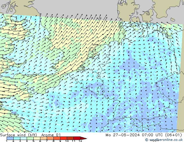 �N 10 米 (bft) Arome 01 星期一 27.05.2024 07 UTC