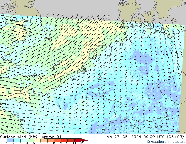 �N 10 米 (bft) Arome 01 星期一 27.05.2024 09 UTC