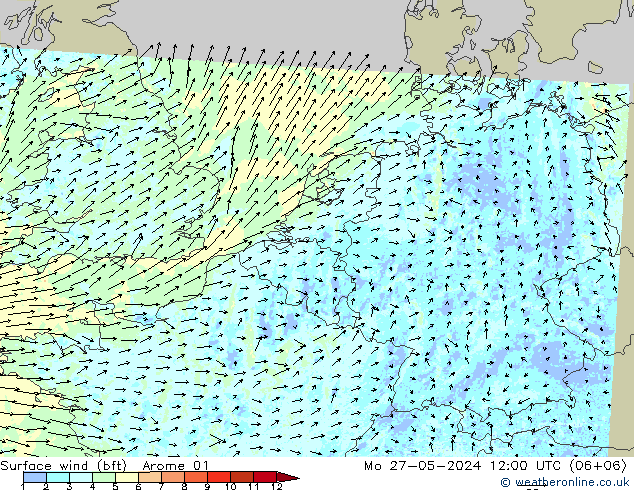 Bodenwind (bft) Arome 01 Mo 27.05.2024 12 UTC