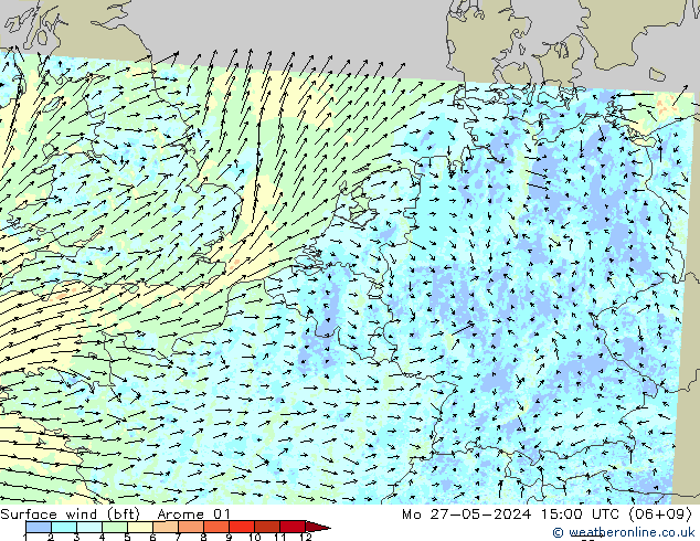 Surface wind (bft) Arome 01 Mo 27.05.2024 15 UTC