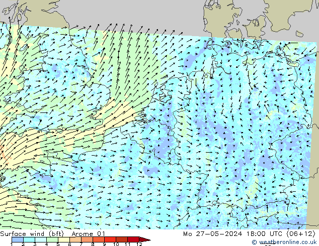 Bodenwind (bft) Arome 01 Mo 27.05.2024 18 UTC