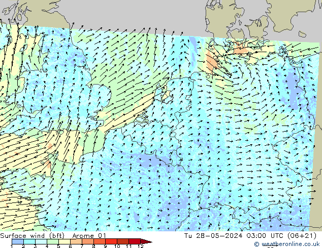 Bodenwind (bft) Arome 01 Di 28.05.2024 03 UTC