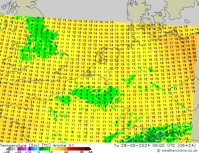 Temperaturkarte (2m) Arome 01 Di 28.05.2024 06 UTC