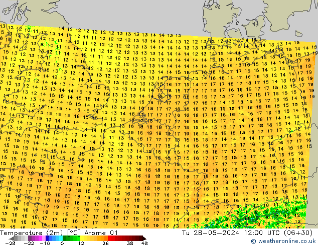 Temperatura (2m) Arome 01 mar 28.05.2024 12 UTC