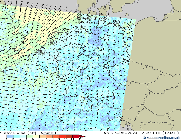 Vento 10 m (bft) Arome 01 lun 27.05.2024 13 UTC