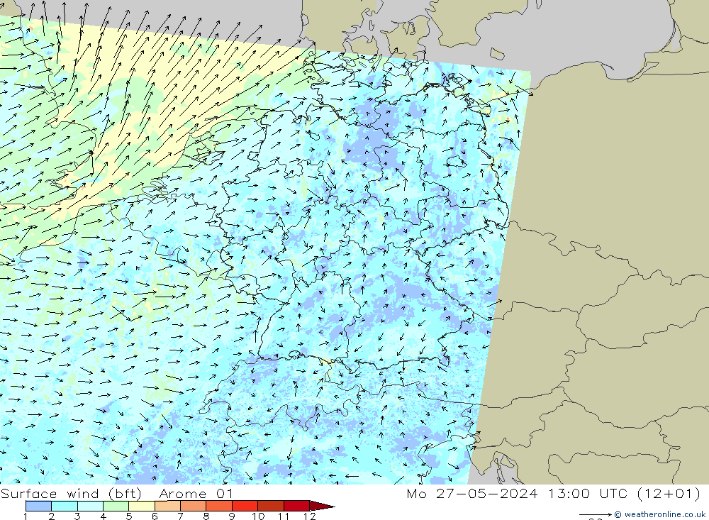 Vent 10 m (bft) Arome 01 lun 27.05.2024 13 UTC