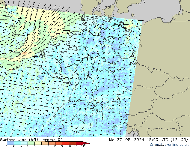 Wind 10 m (bft) Arome 01 ma 27.05.2024 15 UTC