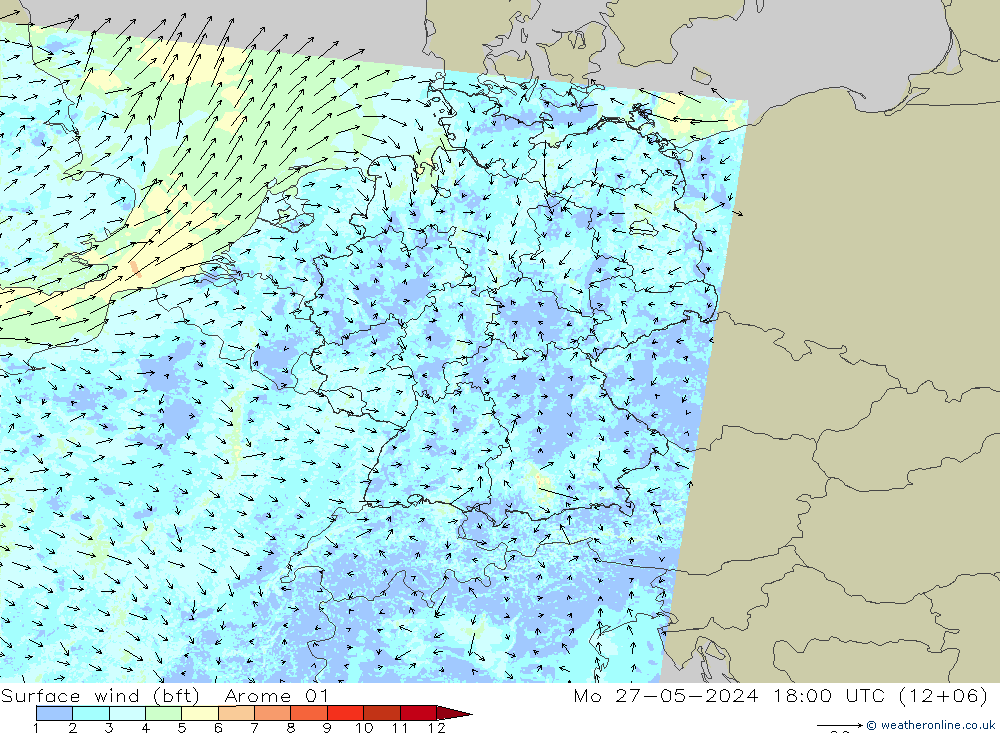 Surface wind (bft) Arome 01 Po 27.05.2024 18 UTC