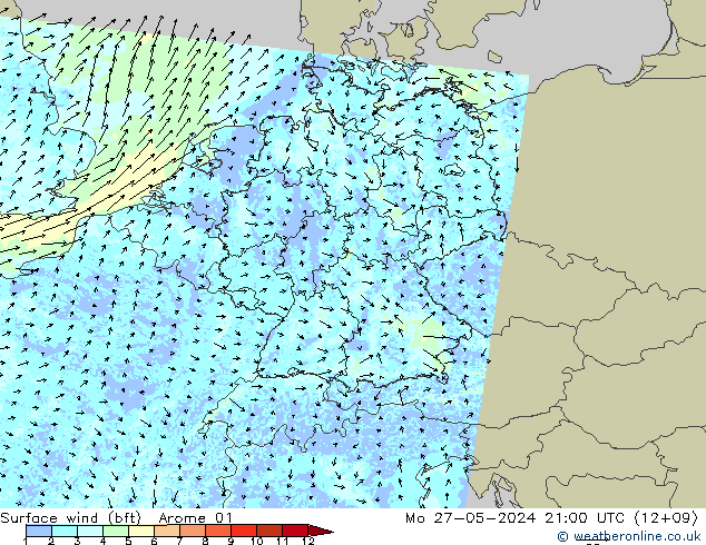 Surface wind (bft) Arome 01 Mo 27.05.2024 21 UTC