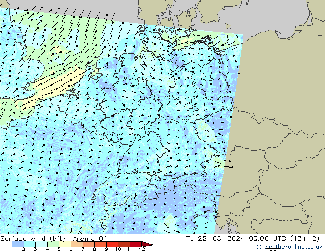 Wind 10 m (bft) Arome 01 di 28.05.2024 00 UTC