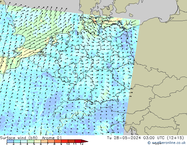 Vento 10 m (bft) Arome 01 Ter 28.05.2024 03 UTC