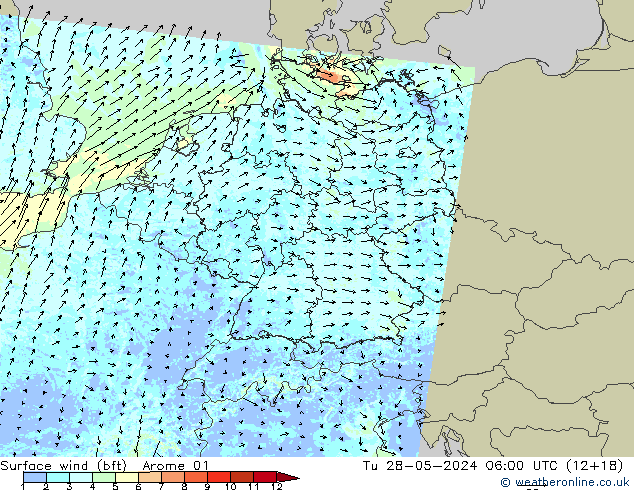 Wind 10 m (bft) Arome 01 di 28.05.2024 06 UTC