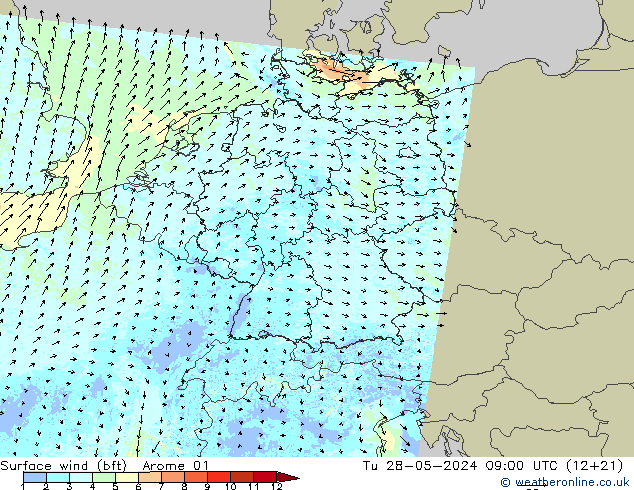 Surface wind (bft) Arome 01 Tu 28.05.2024 09 UTC
