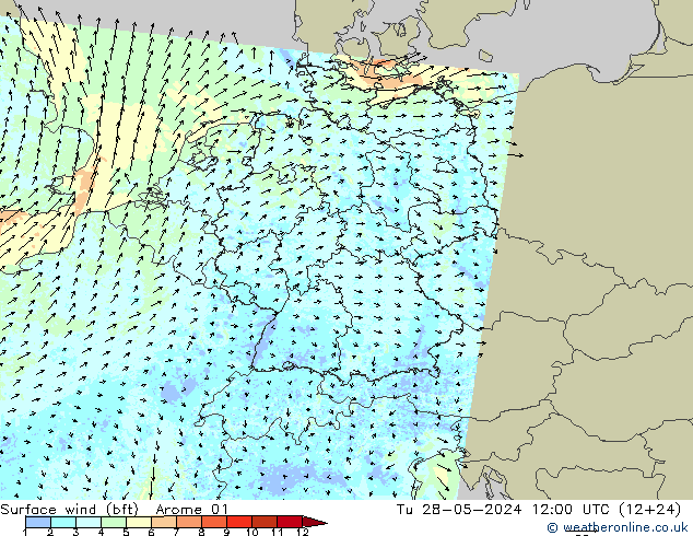 Wind 10 m (bft) Arome 01 di 28.05.2024 12 UTC