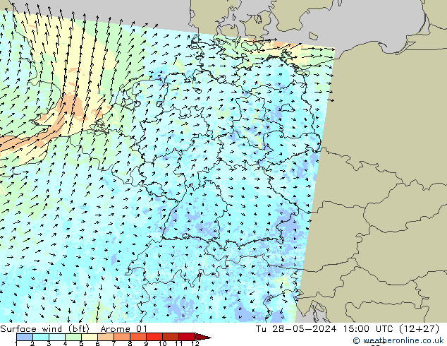 Vento 10 m (bft) Arome 01 Ter 28.05.2024 15 UTC