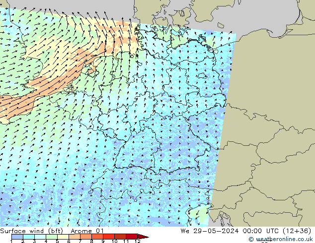 Wind 10 m (bft) Arome 01 wo 29.05.2024 00 UTC