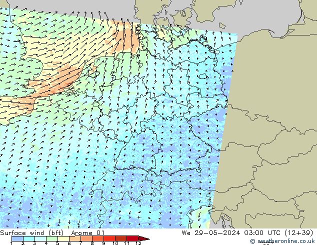 Surface wind (bft) Arome 01 We 29.05.2024 03 UTC