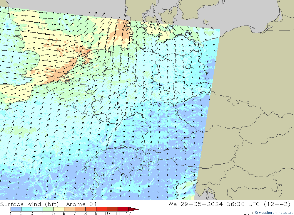 Surface wind (bft) Arome 01 We 29.05.2024 06 UTC