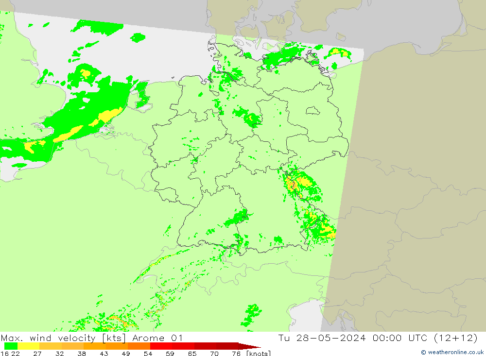 Max. wind velocity Arome 01 Tu 28.05.2024 00 UTC