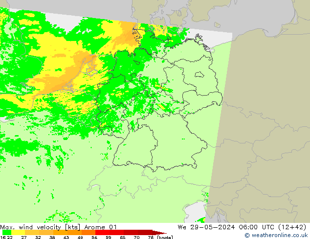 Max. wind velocity Arome 01 St 29.05.2024 06 UTC