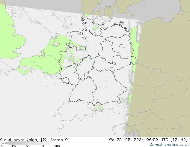 Cloud cover (high) Arome 01 We 29.05.2024 06 UTC