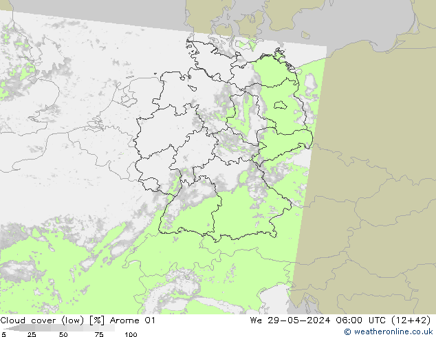 Cloud cover (low) Arome 01 We 29.05.2024 06 UTC