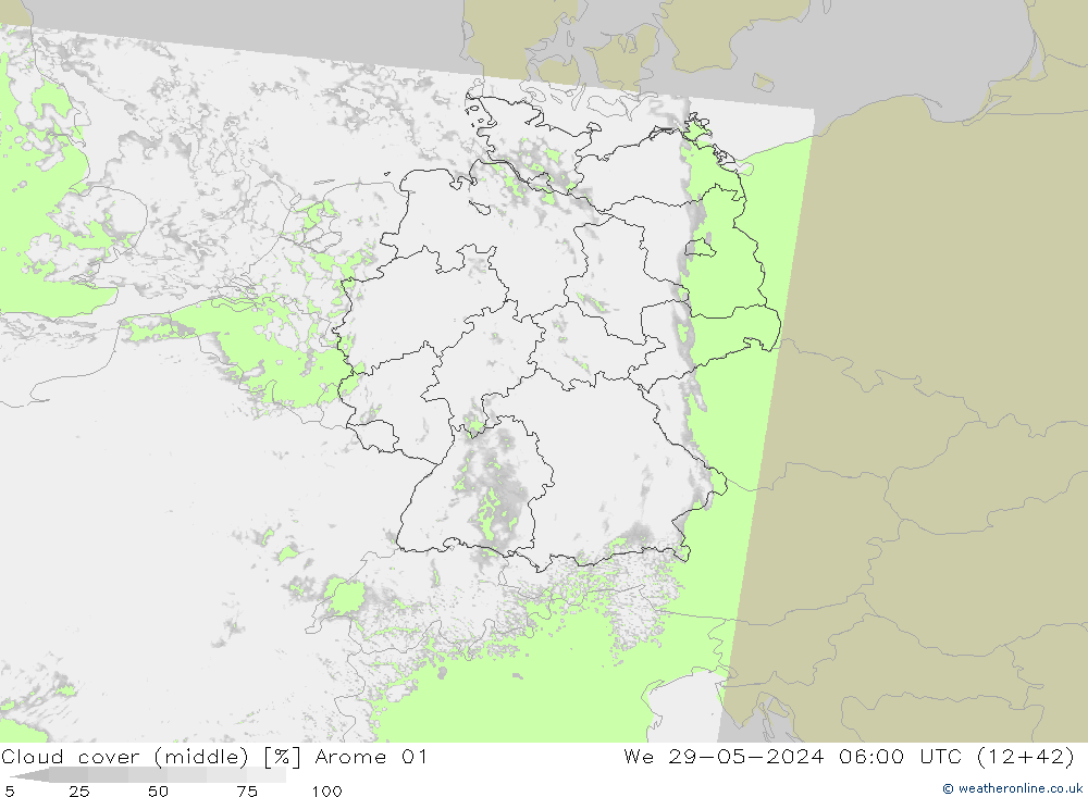 Cloud cover (middle) Arome 01 We 29.05.2024 06 UTC