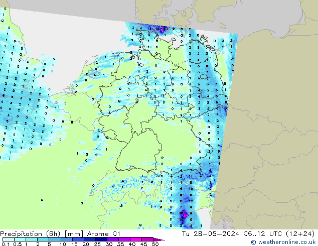 降水量 (6h) Arome 01 星期二 28.05.2024 12 UTC
