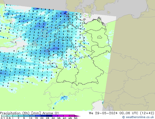 Precipitation (6h) Arome 01 St 29.05.2024 06 UTC