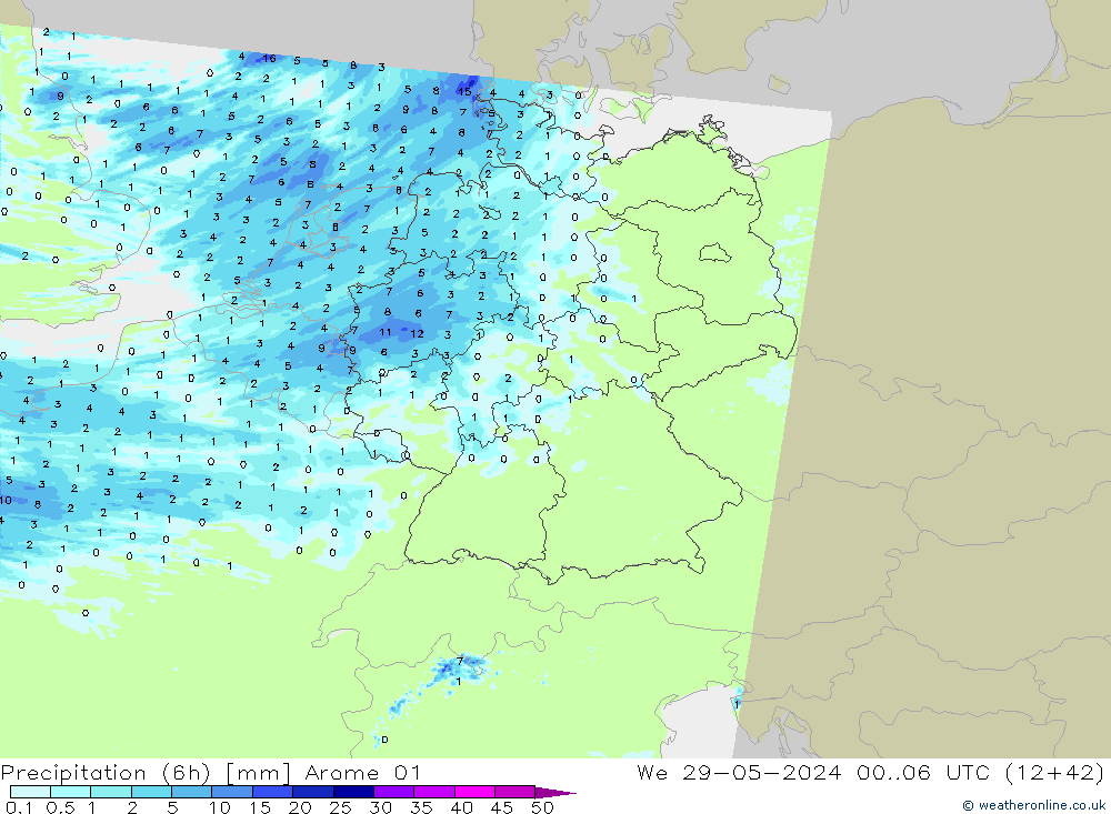 Precipitation (6h) Arome 01 We 29.05.2024 06 UTC