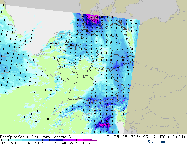 Precipitation (12h) Arome 01 Út 28.05.2024 12 UTC