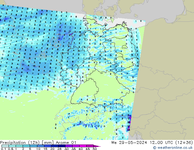 Precipitation (12h) Arome 01 St 29.05.2024 00 UTC