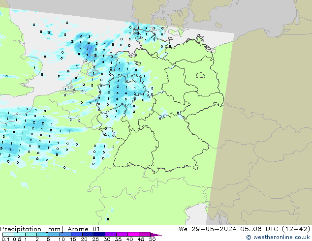 Srážky Arome 01 St 29.05.2024 06 UTC