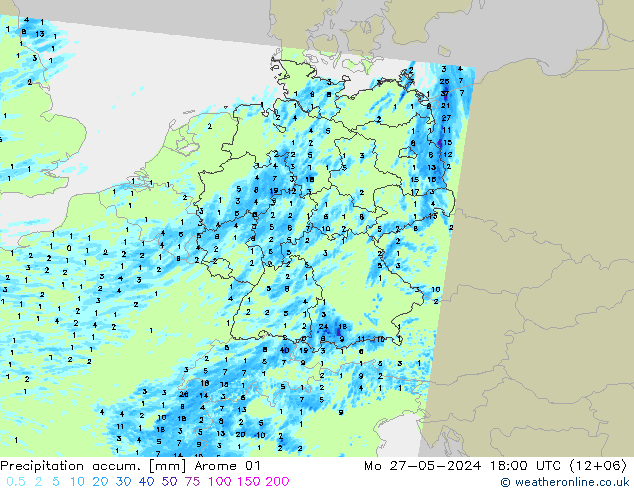 Precipitation accum. Arome 01 星期一 27.05.2024 18 UTC